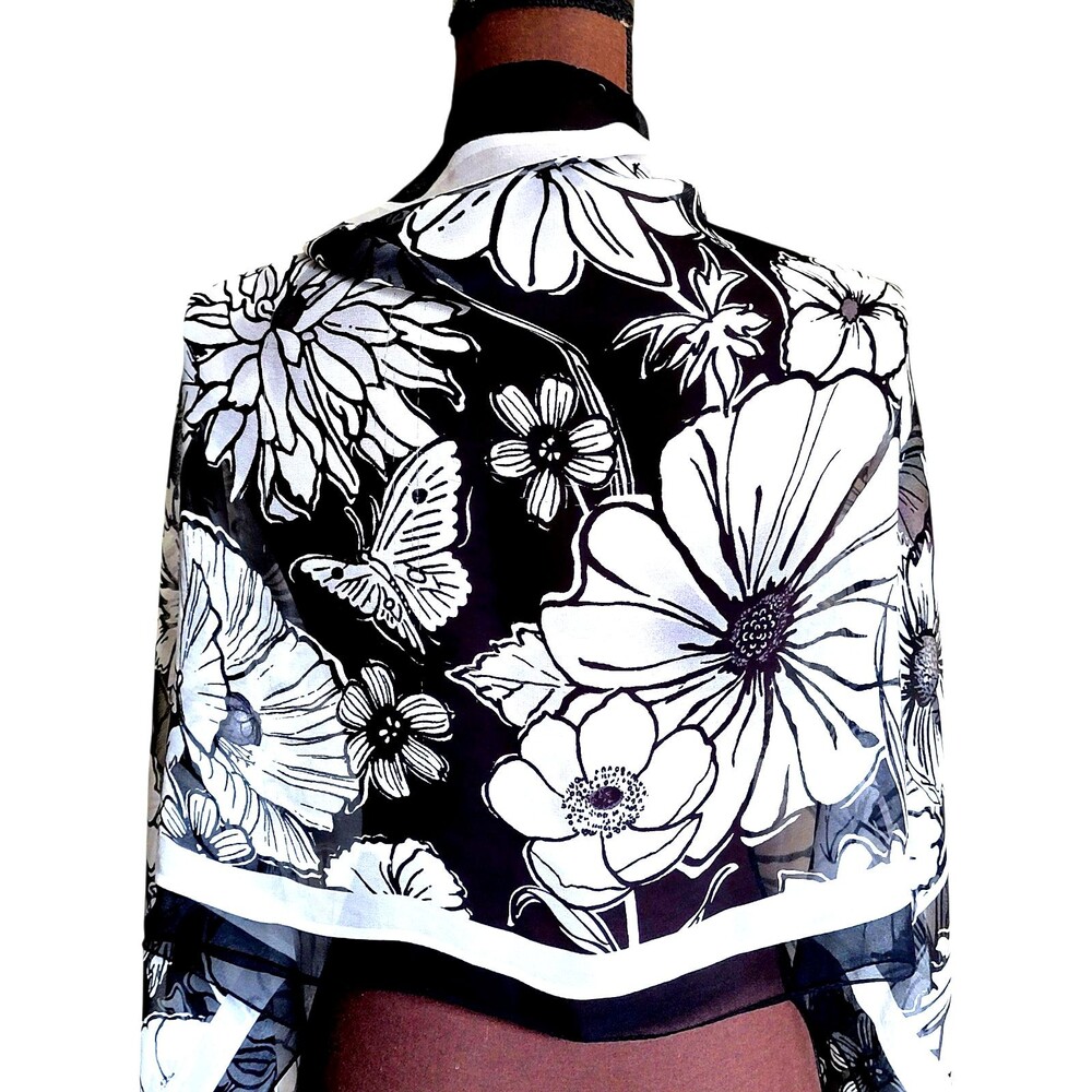 Brighton Sheer Silk Scarf Flowers Floral Rectangle Black White 22 X 65